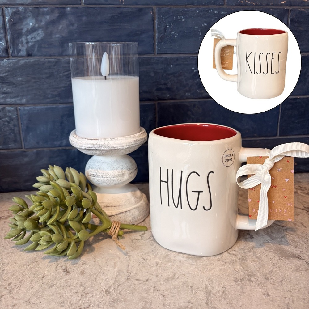 Rae Dunn HUGS & KISSES Double Sided Coffee‎ Mug NWT